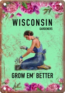 Wisconsin Gardeners Grow Em' Better 12" x 9" Retro Vintage Look Metal Sign - Picture 1 of 1