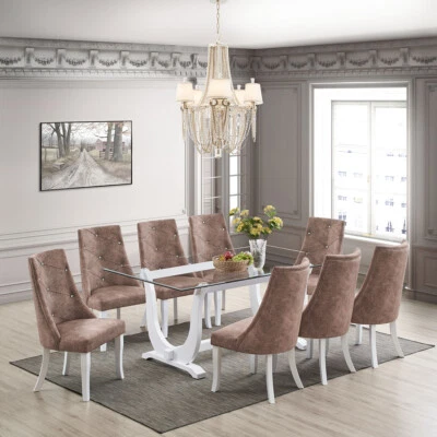Elmer 9 Piece Glass Top Dining Set, Table & 8 Chairs, White/Dark Brown - Image 1 of 4