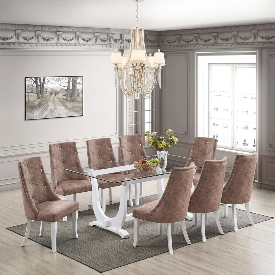 Elmer 9 Piece Glass Top Dining Set, Table & 8 Chairs, White/Dark Brown - Image 1 of 4