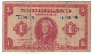 Néerlandais, 1 Gulden, 1943 Émission, État Note, P64, VF