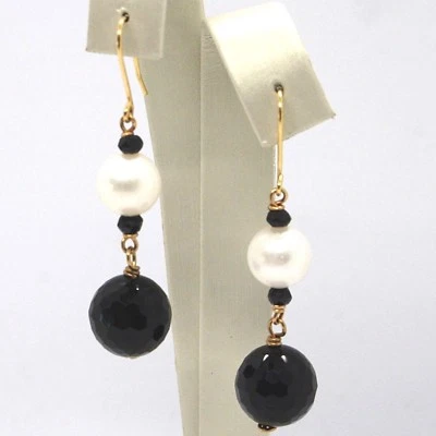 Pendientes De Oro Amarillo 18K, Perlas Blancas, Ónix Negro Facetado - Imagen 1 de 4