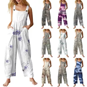 Women's Casual Jumpsuit Sleeveless Camouflage Print Cotton Jumpsuit - Picture 1 of 42