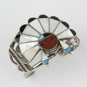 Vintage Edward Leuro Zuni Sterling Silver, MOP Womens Sun Face Cuff Bracelet - Picture 1 of 4