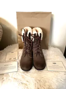 New UGG Zea Wedge Leather Boots Womens US 10 UK 8.5 EU 41 Chocolate Brown Fur - Picture 1 of 16