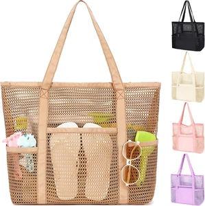 Mesh Beach Bag, Casual Womens Shoulder Handbag, Large Sandproof Beach Tote Bag - Picture 1 of 12