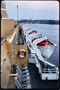 Vintage 35mm Kodachrome Slide Lifeboats on Ship Deck Harbor Scene - Picture 1 of 3