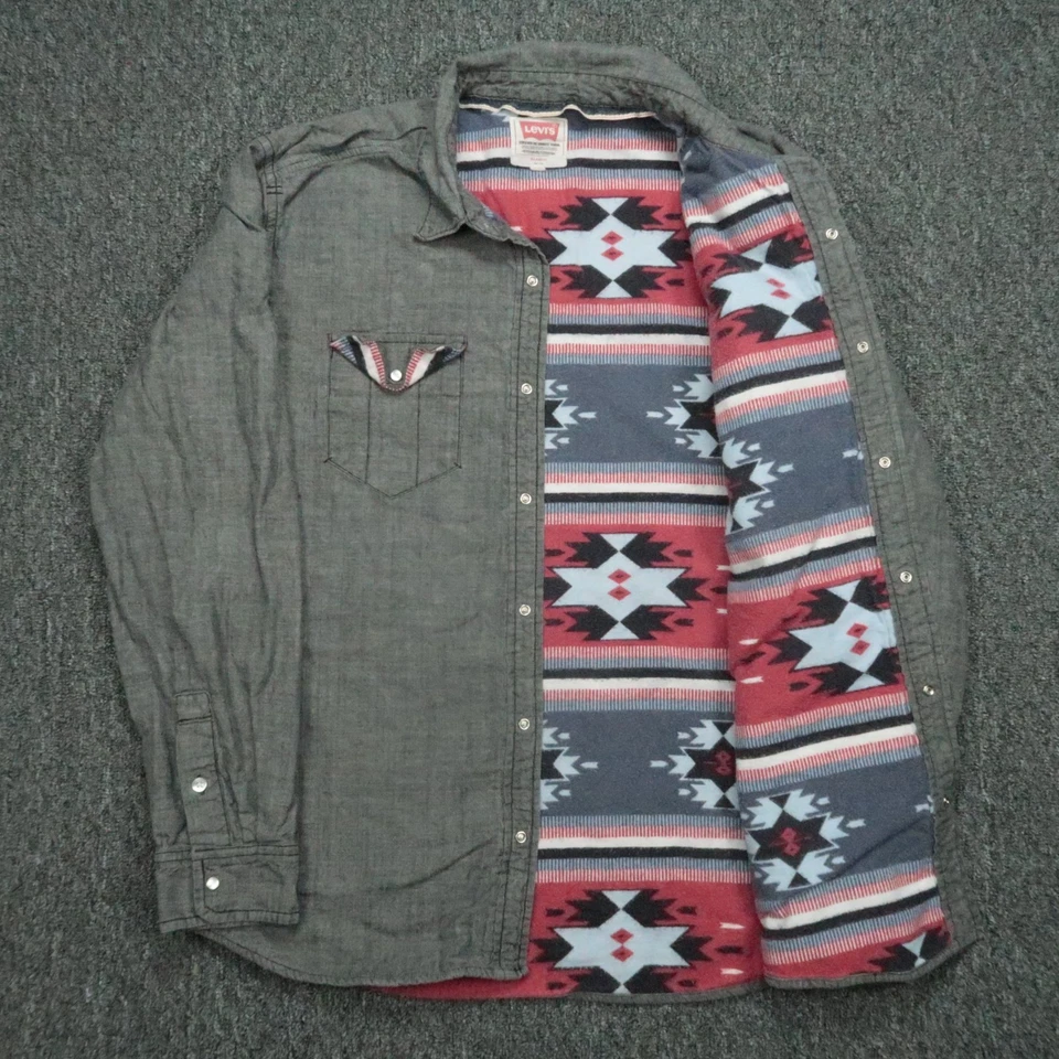 Levis Shirt Mens Extra Large Gray Denim Pearl Snap Aztec Flannel Lined Western - Image 1 of 4
