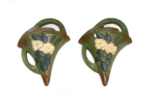 Pair Roseville White Rose Green Wall Pockets 1289-8 Vintage Reproduction - Picture 1 of 6