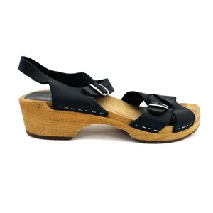 Womens 9 40 Mia Swedish Gertrude Black Leather Clogs Sandals Wooden Wood Sole - Picture 1 of 12