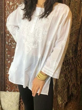 Women Tunic Blouse White Hand Embroidered Blouse Semi Sheer Cotton bOHO tOPS L