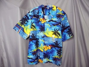 Royal Creations Vintage Hawaiian Shirt Blue Sunset Palm Tree Beach Size 2XL - Picture 1 of 6