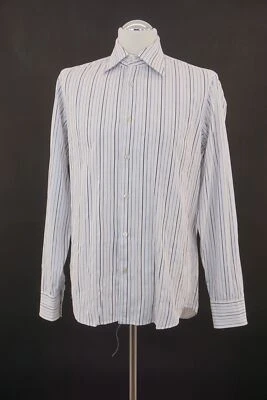 HUGO BOSS Business Camicia KW40 M Bianco Blu Manica Lunga Righe Kent Cotone B221 - Immagine 1 di 4