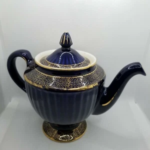 Hall Los Angeles Style Tea Pot Dark Blue and Gold Large 8 Cup EUC - Picture 1 of 11