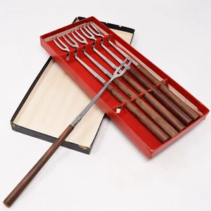 Forchette per fonduta vintage MCM set 6 acciaio inox e legno scatola giapponese minimalista elegante - Foto 1 di 15
