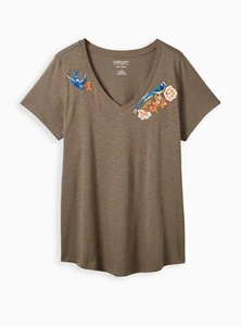 Torrid Girlfriend Tee Sparrow Embroidery Dusty Olive Plus 2 2X 18 20 #H90549 - Picture 1 of 4