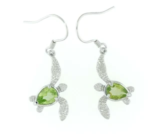 925 Sterling Silver Peridot Dangle Earrings - Hawaiian Sea Turtle - Picture 1 of 1