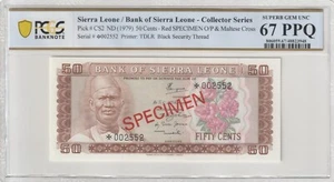 Sierra Leone 50 Cents 1979 Specimen PCGS Banknote Certified UNC 67 PPQ Pick CS2 - Picture 1 of 2