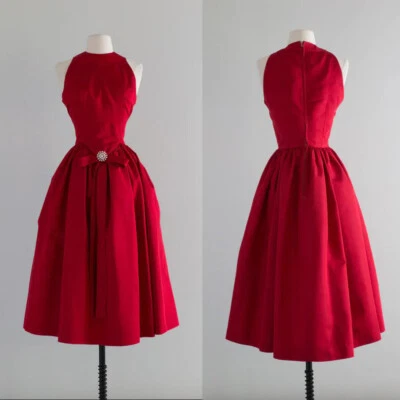Red Wedding Dresses Satin Vintage Sleeveless Tea Length Elegant 50s Bridal Gowns - Image 1 of 4