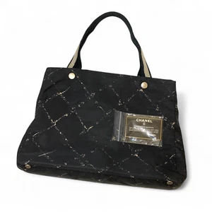 CHANEL Travel Line Tote Bag Black Nylon Shoulder Handbag Quilted Logo Auth - Picture 1 of 14