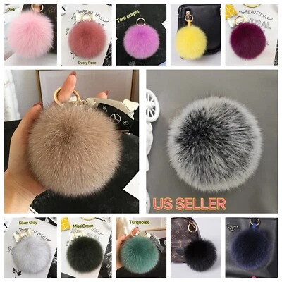 Fluffy Pompom Large 4" Real Fur Pom Pom Keychain Bag Charm Decor Plushy Ball - Image 1 of 4
