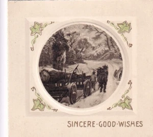 man, horse by wagon on snowy road, circular rural inset, Tuck Christmas card - Picture 1 of 3