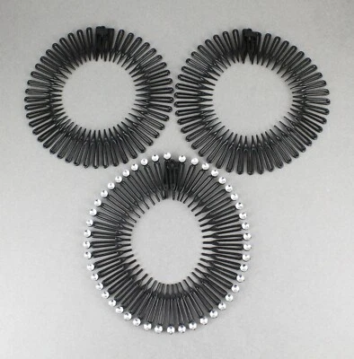 Black Silver headband Set 3 Flex spider hair comb teeth accordion stretch  - Image 1 of 4