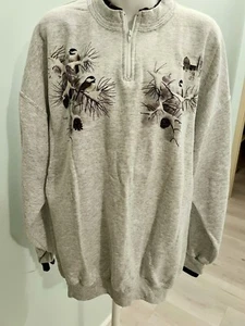 Vintage Grandmacore Sweatshirt Gray Snowy Barn Chickadee Quarter Zip Women’s XL - Picture 1 of 4