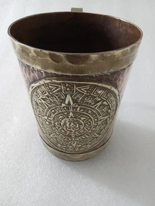 Vintage Hammered Copper And Brass Mug With Aztec/Mayan Sun Face Calendar - Picture 1 of 7