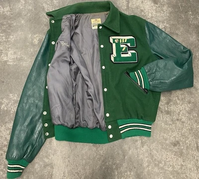 Vintage 60s Varsity Letterman Jacket Chain Stitched Wool Leather Green Size L - Image 1 of 4