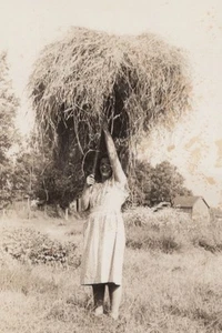 STAINS Woman Carrying Large Haystack Farm Field Farmhouse 1940s - Picture 1 of 3