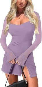 Mini Vestido de Cóctel Para Mujer HYPERFIRE Malla Cuello Cuadrado Manga Larga Púrpura XS  - Imagen 1 de 6