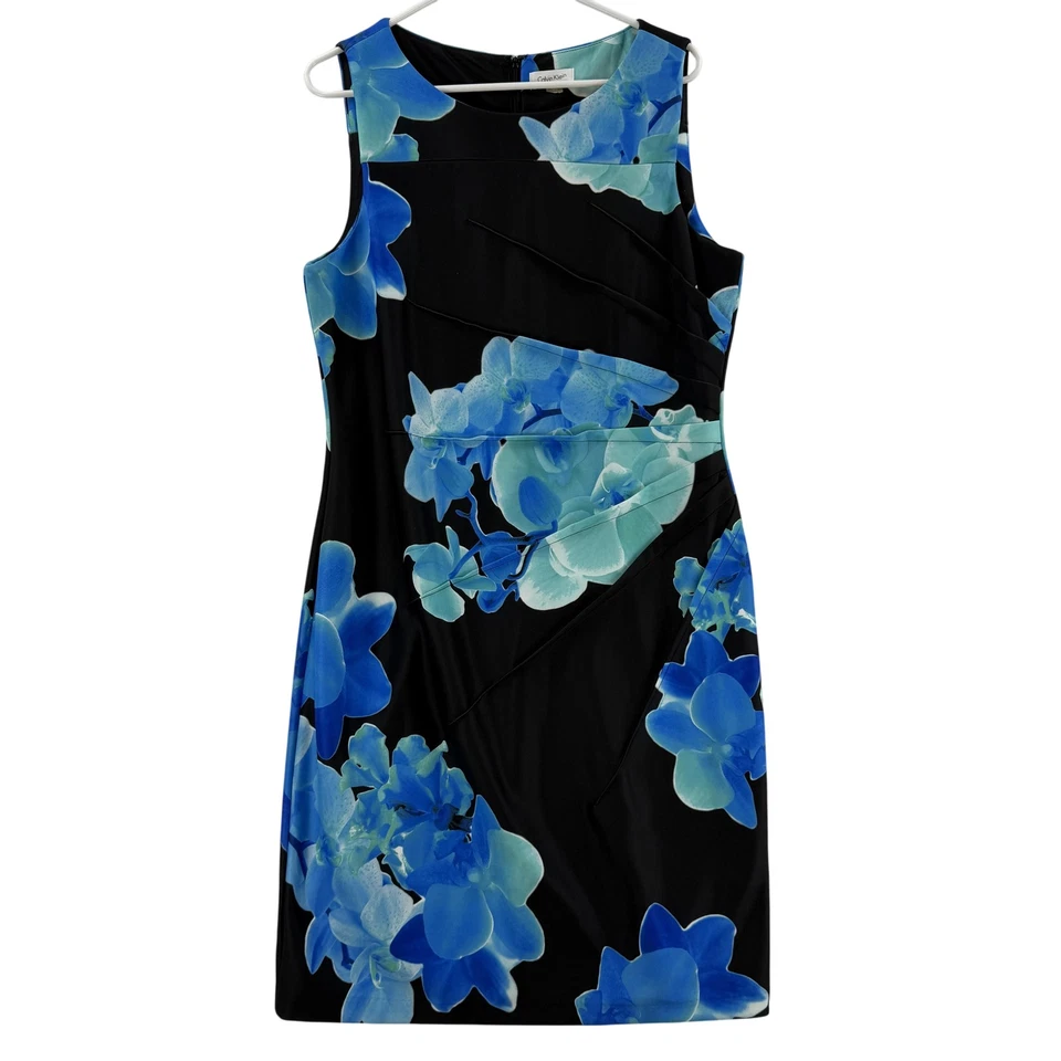 Vestido para mujer Calvin Klein 14 negro azul funda floral sin mangas estampado de orquídeas Foto 1 de 4