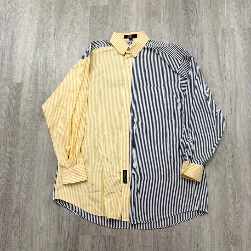 Camisa Tommy Hilfiger Botón Vintage 16.5 - 33 Amarillo Azul Rayas Años 90 Preppy Foto 1 de 4