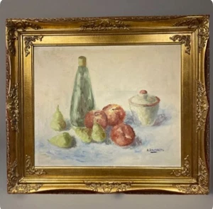 quadro vintage dipinto a olio su tela natura morta frutta con cornice dorata 900 - Foto 1 di 13