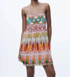 Zara Colorful Embroidered Strappy Open Back Boho Artsy Ethnic Mini Dress Sz M - Picture 1 of 12