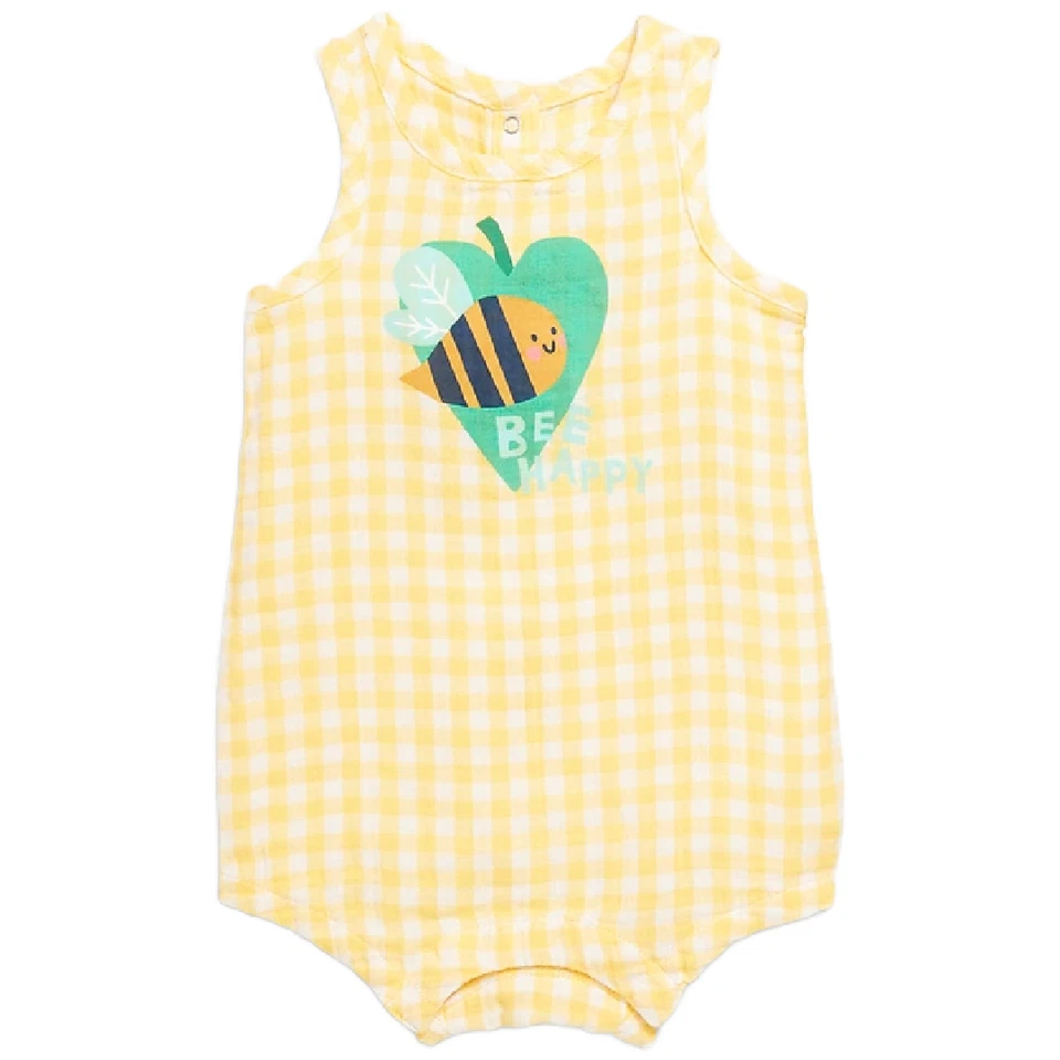 Mameluco Old Navy Bee Happy Baby talla 3-6 meses sin mangas amarillo guinga nuevo con etiquetas Foto 1 de 4