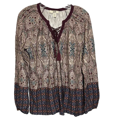 Top vintage America Blues para mujer L manga larga pintuck pliegues borla corbatas boho Foto 1 de 4