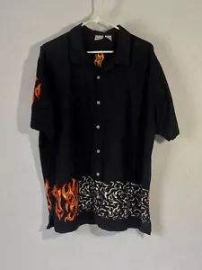 Mens Retro Large Black Short Sleeve Button Down Shirt Rockabilly Red Flames - Picture 1 of 3
