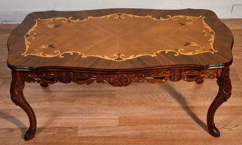 1910s Antique French Louis XV Walnut & Satinwood Floral Inlay Coffee Table Cover