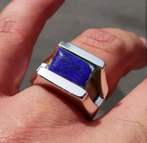 Solid 925 Sterling Silver Natural Blue Lapis Lazuli Gemstone Official Men's Ring - Picture 1 of 11