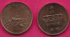 NORWAY 50 ORE 2001 UNC HARALD V,STYLIZED ANIMAL AND VALUE,SMALL LETTERIN - Picture 1 of 1