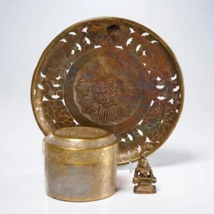 Japanese Buddhist Antique Brass Lotus Flower Offer Tray Plate Buddha Statue Box - Picture 1 of 7