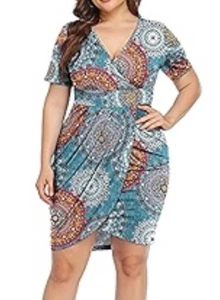 Poshshe Dress Plus Size 2XL Stretchy Wrap Dress Blue With Medallion Pattern - Picture 1 of 5