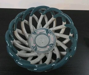 Stoneware Open Weave Bread Basket Fruit Bowl Green & Gray Floral design - Picture 1 of 6