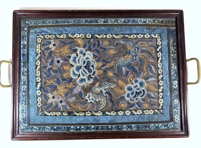 Serving Tray 19th C. Chinese Silk Embroidery Forbidden Stitch Under Glass 13x17" - Image 1 of 4