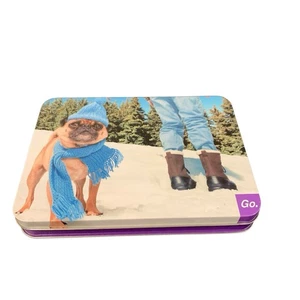 Go. Pug With Blue Scarf In Snow Winter Scene Metal Tin 7” x 4” - Picture 1 of 6