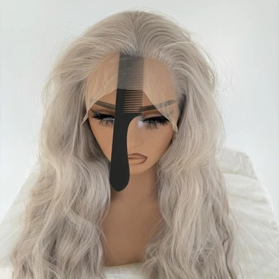 Peruca longa ondulada natural prata cinza T renda frente cabelo sintético em camadas - Imagem 1 de 4
