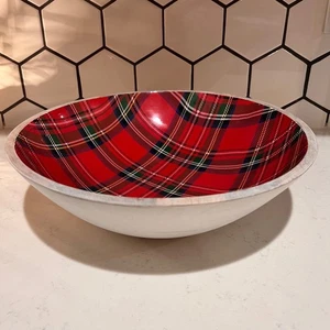 Mud Pie Santa 14" Tartan Plaid Enamel Wooden Bowl Holiday Red Plaid Serving Bowl - Picture 1 of 11