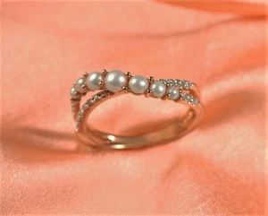 Art Deco 925 Sterling Silver Pearl Moissanite Ring Bridal Proposal Eternity Band - Picture 1 of 3
