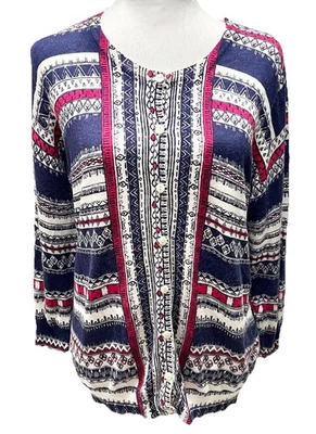 Joseph A Cardigan Sweater Womens 1X Navy Button Up Geometric Stripes Academia - Image 1 of 4